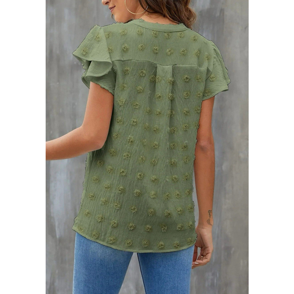 Women’s Dressy V Neck Ruffle Sleeve Tunic W/Swiss Dots Design•Green• sz XL• NWT - Picture 2 of 13